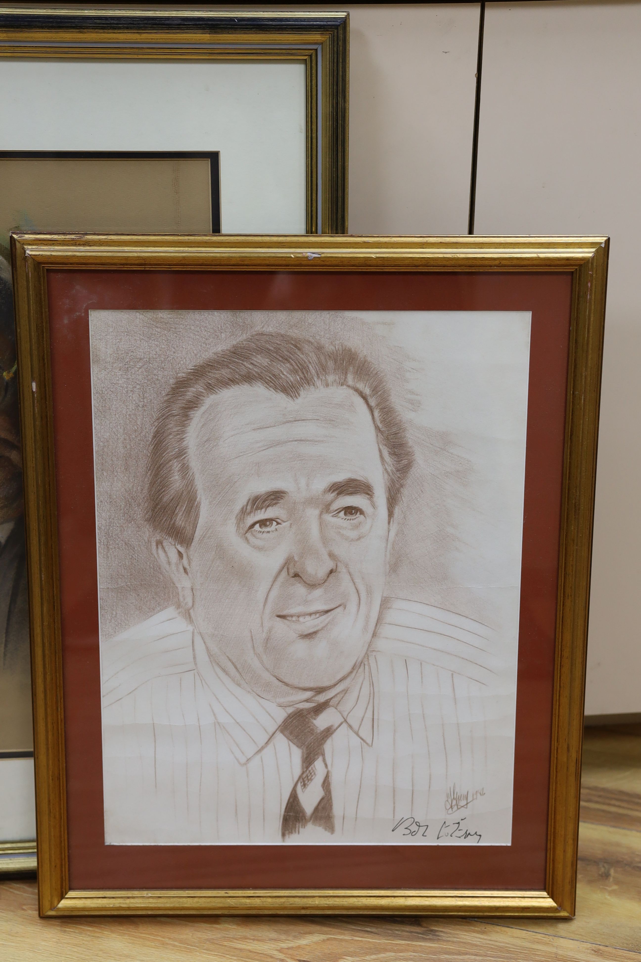 M. Guy, brown conte drawing, Portrait of Robert Maxwell, signed by the sitter, 45 x 34cm, together with a pastel portrait, signed Iacurto, and a colour print